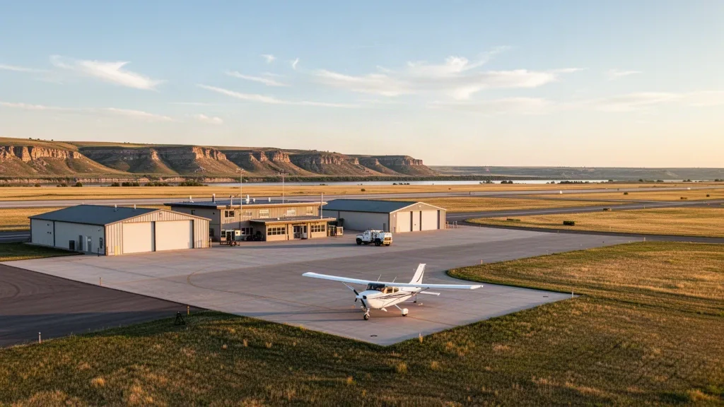 Kleines Terminal und Hangars am Mobridge Municipal Airport in South Dakota, mit einem Flugzeug der allgemeinen Luftfahrt auf dem Vorfeld und offener Prärie zur goldenen Stunde.
