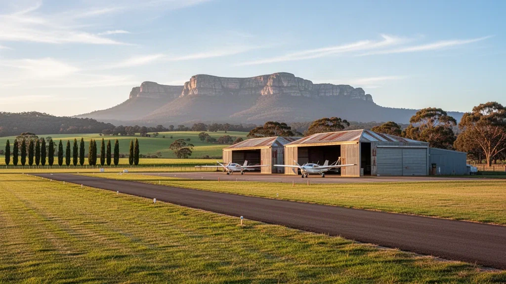 Pequeño aeródromo rural en Porepunkah, en el valle de Ovens, Victoria, con aviones ligeros, hangares y el monte Buffalo bajo una luz dorada
