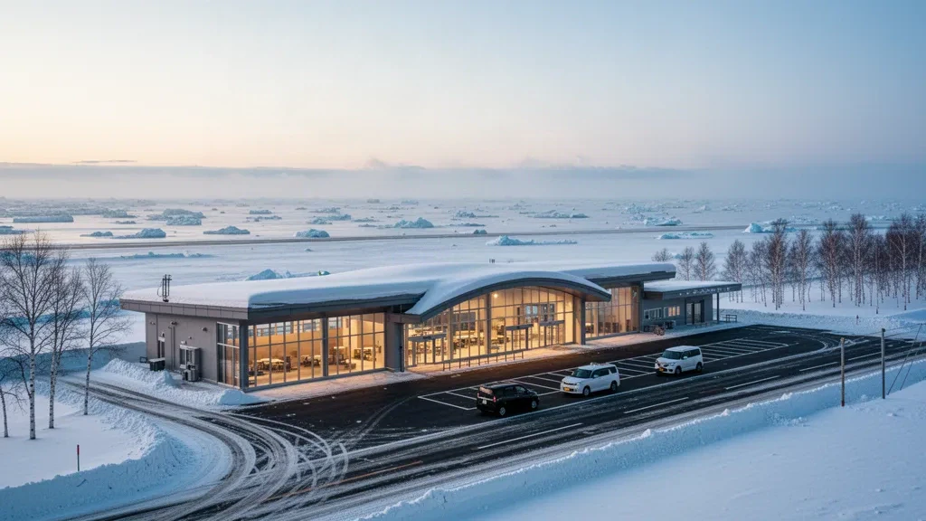 Moderno terminal in vetro dell'aeroporto di Monbetsu in Hokkaido, circondato dalla neve con la costa del ghiaccio alla deriva del mare di Okhotsk sullo sfondo