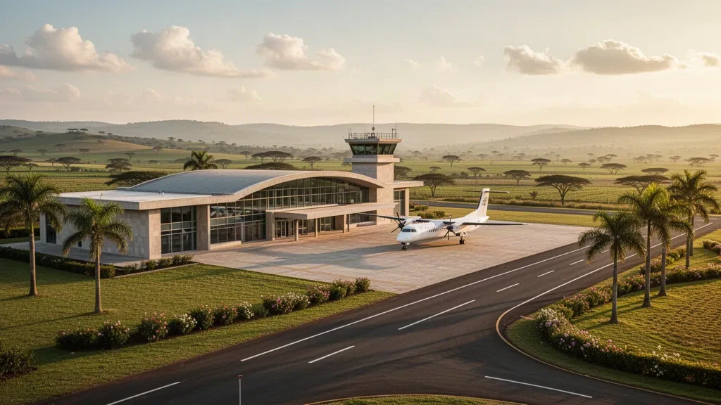 Vista del Aeropuerto de Songwe cerca de Mbeya, Tanzania, durante la hora dorada, con su moderna terminal, la plataforma y las verdes colinas de las Tierras Altas del Sur.