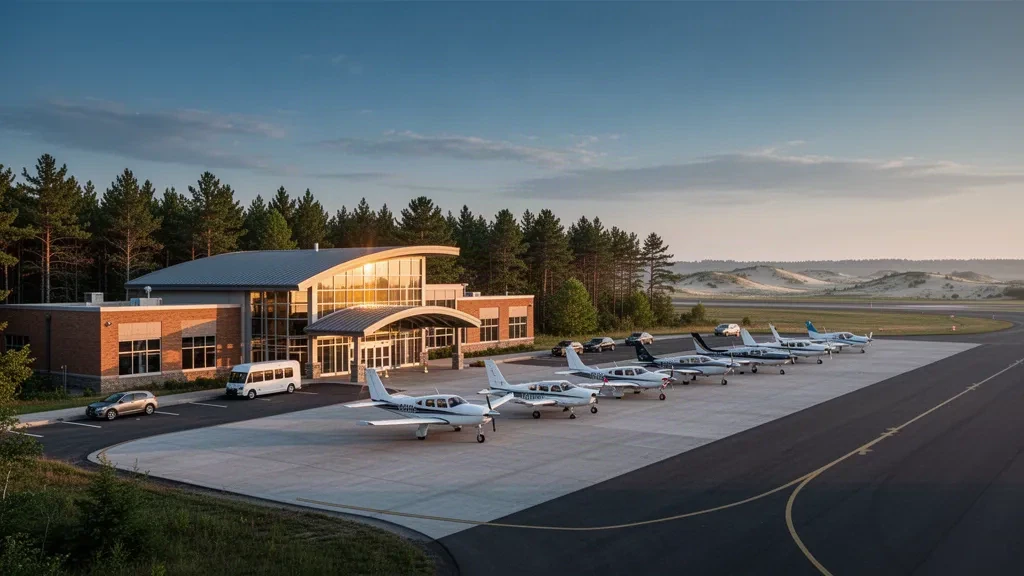 Low-rise terminal and small general aviation aircraft on the apron at Manistee County Blacker Airport, Michigan, at golden hour