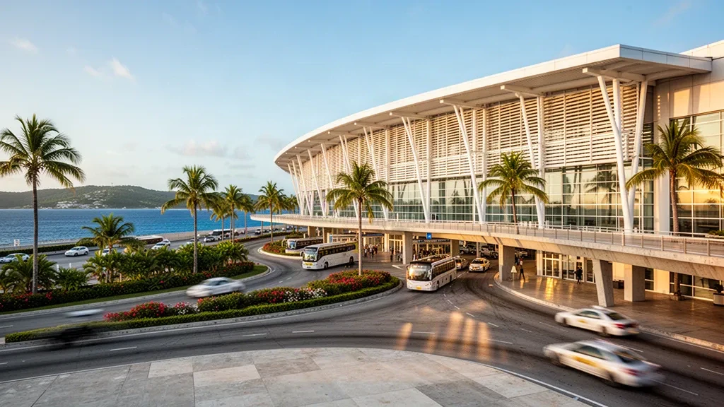 Jamaika, Montego Bay'deki Sangster Uluslararası Havalimanı'nda altın saatlerde modern kavisli cam terminal ve palmiye ağaçlarıyla çevrili yolcu indirme alanı