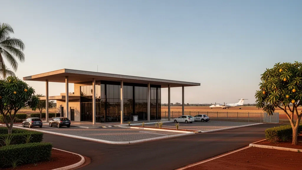 Bâtiment terminal moderne de l'aéroport régional Orlando Villas-Bôas à Matupá, Mato Grosso, entouré de végétation tropicale du Cerrado à l'heure dorée.
