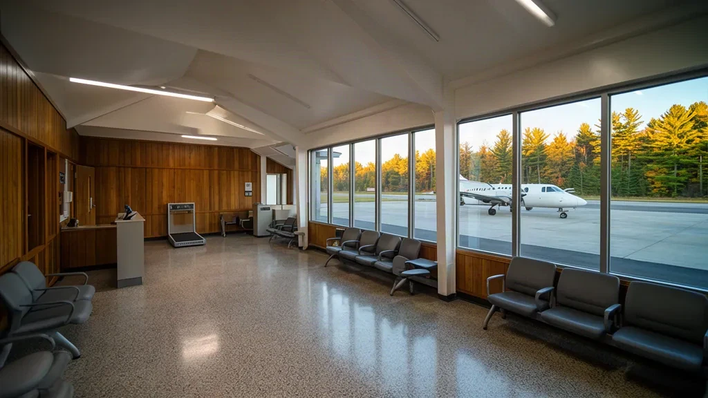 Innenraum des Terminals des Manistee County Blacker Airport in Michigan mit Sitzgelegenheiten im Wartebereich und Fenstern mit Blick auf das Vorfeld