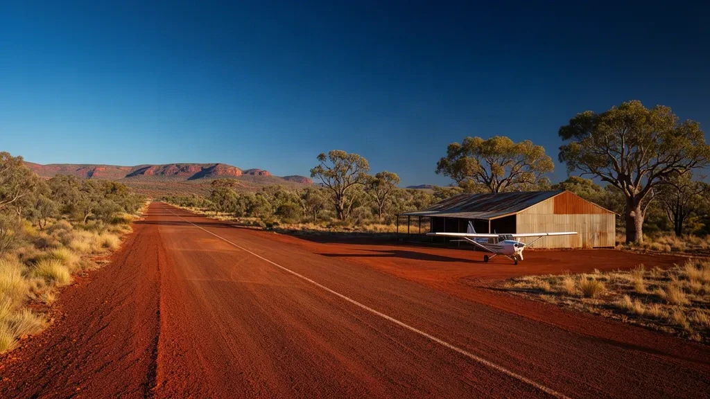 Pista remota entre el monte bajo en el aeropuerto de Mount Barnett, en Kimberley, Australia Occidental, con una avioneta en una pista de tierra roja bajo cielos despejados
