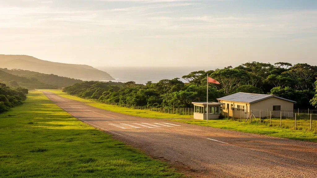 Pista erbosa e piccolo edificio terminal dell'Aeroporto di Mkambati sulla Wild Coast del Sudafrica, incorniciati da foresta costiera e colline verdi.