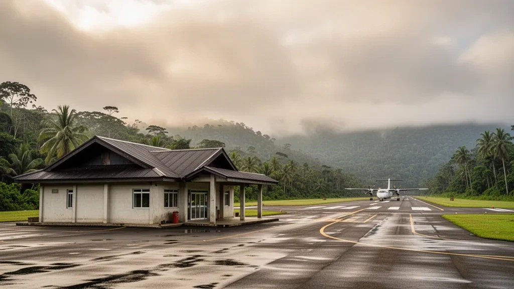Terminal, apron and runway of Moyobamba Airport in Peru, framed by lush Amazonian rainforest and misty hills at golden hour