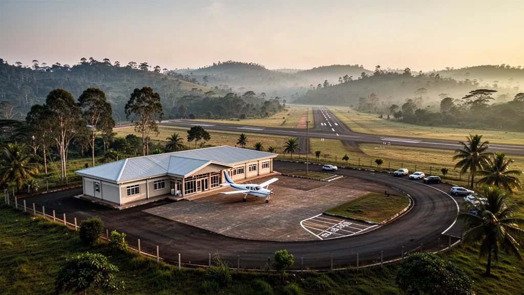 Pequeña terminal de aeropuerto regional y pista cerca de Mbarara, Uganda, enmarcadas por colinas verdes en una cálida luz dorada