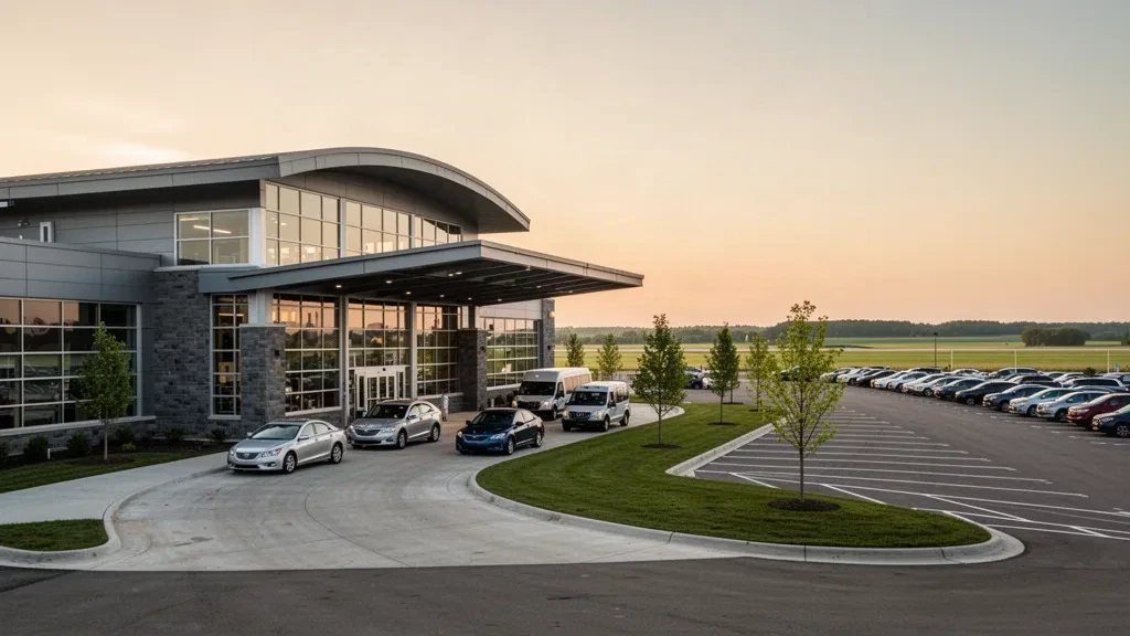 Moderne Glasfassade des Terminals und Vorfahrtsbereiche zum Ein- und Aussteigen am MBS International Airport nahe Freeland, Michigan, im warmen Licht der goldenen Stunde