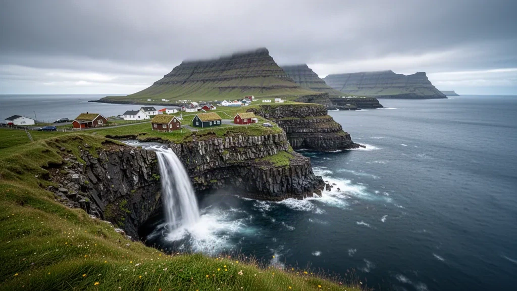 Múlafossur-Wasserfall, der neben dem grasdachgedeckten Dorf Gásadalur auf den Färöer-Inseln von den Klippen fällt