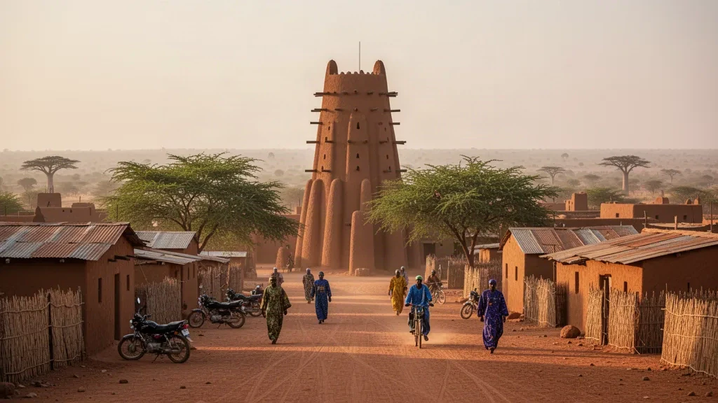 Kuzey Burkina Faso'daki Ouahigouya üzerinde sıcak ikindi ışığı, Sudano-Sahel kerpiç cami mimarisi, tozlu laterit sokaklar ve Sahel ağaçları