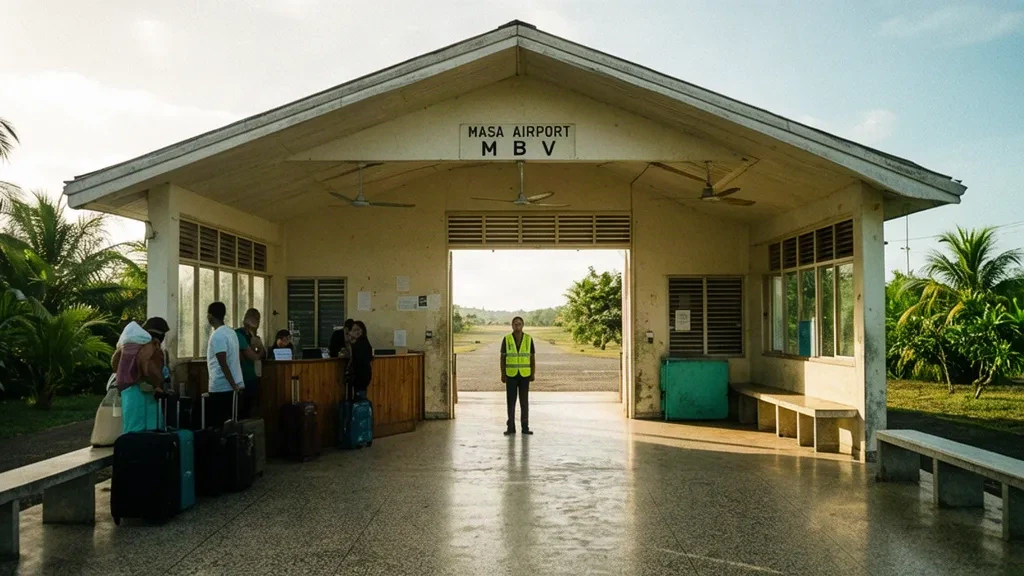 Interior of Masa Airport MBV terminal with check-in counter, wooden bench seating and tropical daylight in a small regional airfield
