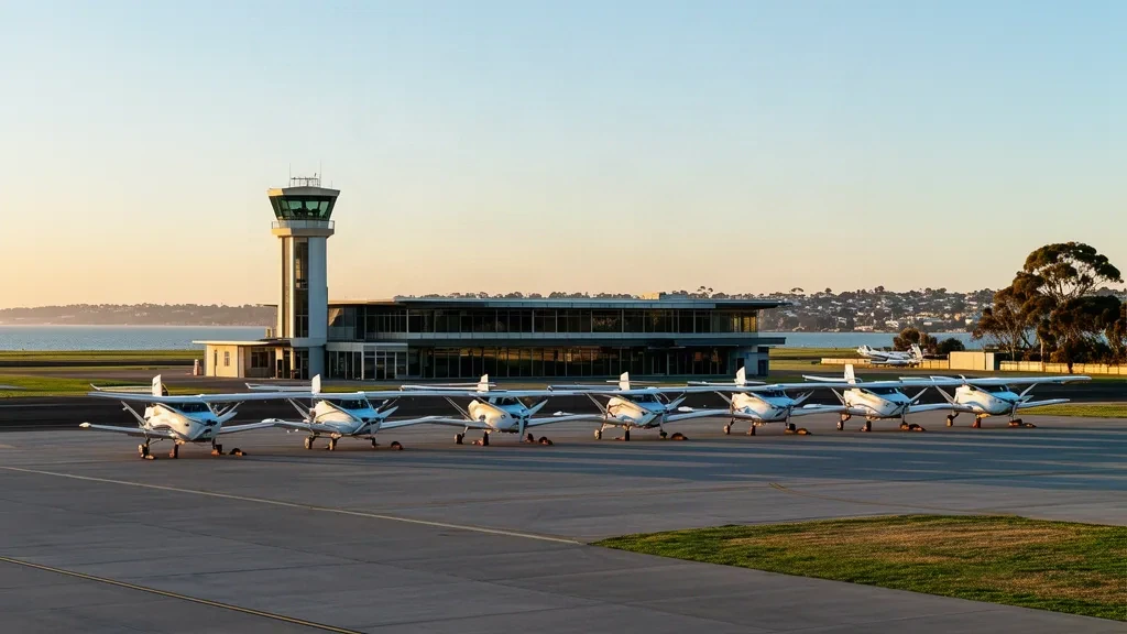 Terminal und Kontrollturm des Flughafens Melbourne Moorabbin mit leichten Schulflugzeugen auf dem Vorfeld in Victoria, Australien