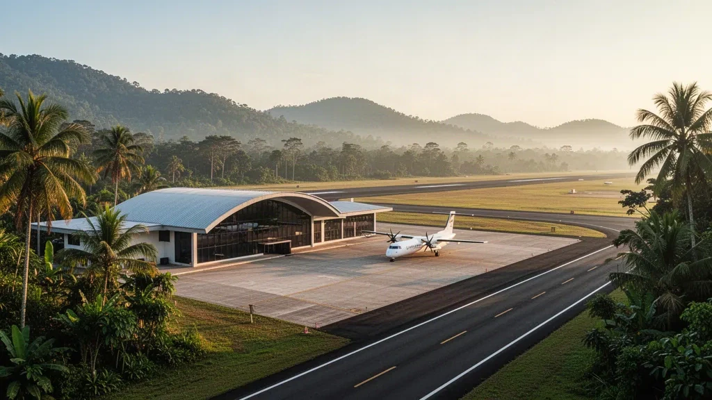 Vue à l'heure dorée du petit terminal tropical de l'aéroport de Masa, avec son tarmac et sa piste encadrés par des collines verdoyantes sous une lumière chaude du soir.