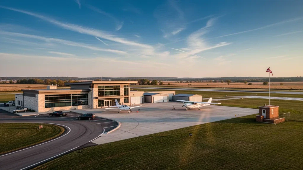 Einstrahliges Flugzeug auf dem Vorfeld neben einem modernen Terminalgebäude am Omar N Bradley Airport in Moberly, Missouri, zur goldenen Stunde