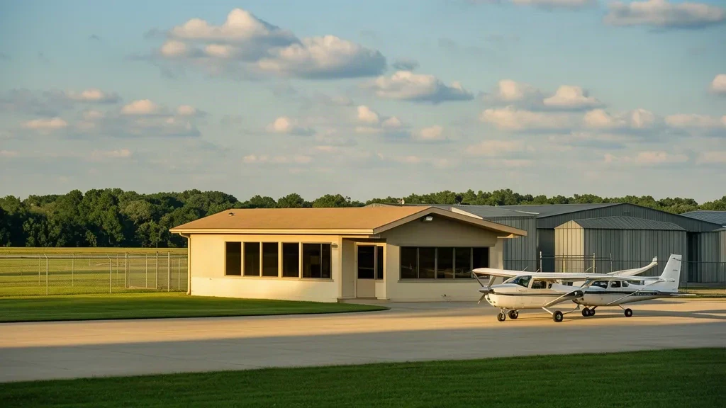 Kleines Terminal für die allgemeine Luftfahrt und Parkplatz auf dem Vorfeld am Omar N. Bradley Airport bei Moberly, Missouri, mit Leichtflugzeugen und Hangars