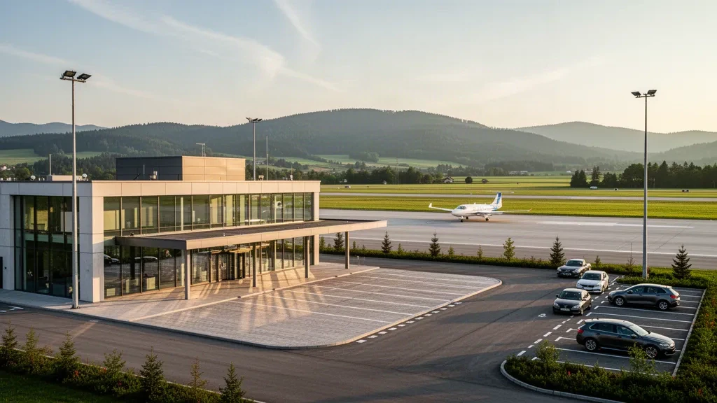 Exterior de terminal de vidrio y hormigón en el aeropuerto Maribor Edvard Rusjan en Eslovenia, rodeado de tierras de cultivo y colinas de Pohorje con luz cálida