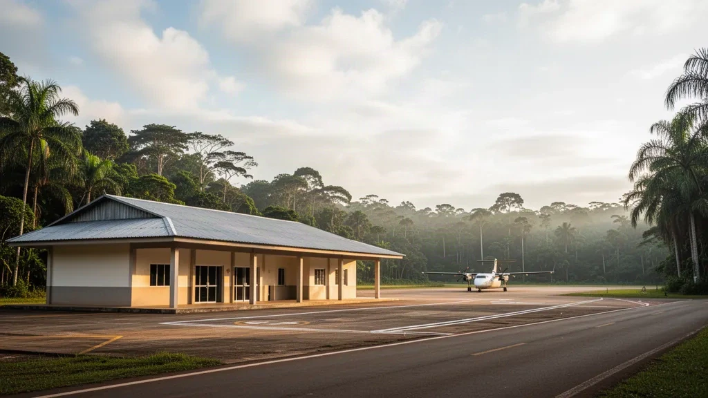 Terminal régional de faible hauteur et aire de trafic pavée à l'aéroport de Maués en Amazonas, au Brésil, entourés d'une forêt tropicale dense sous une douce lumière tropicale