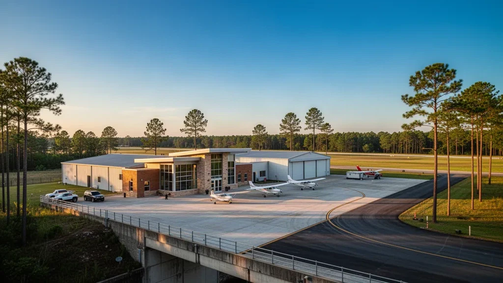 Blick zur goldenen Stunde auf das Terminal und das Vorfeld des McComb-Pike County Airport in Mississippi, mit Hangars, abgestellten Flugzeugen und Kiefern.