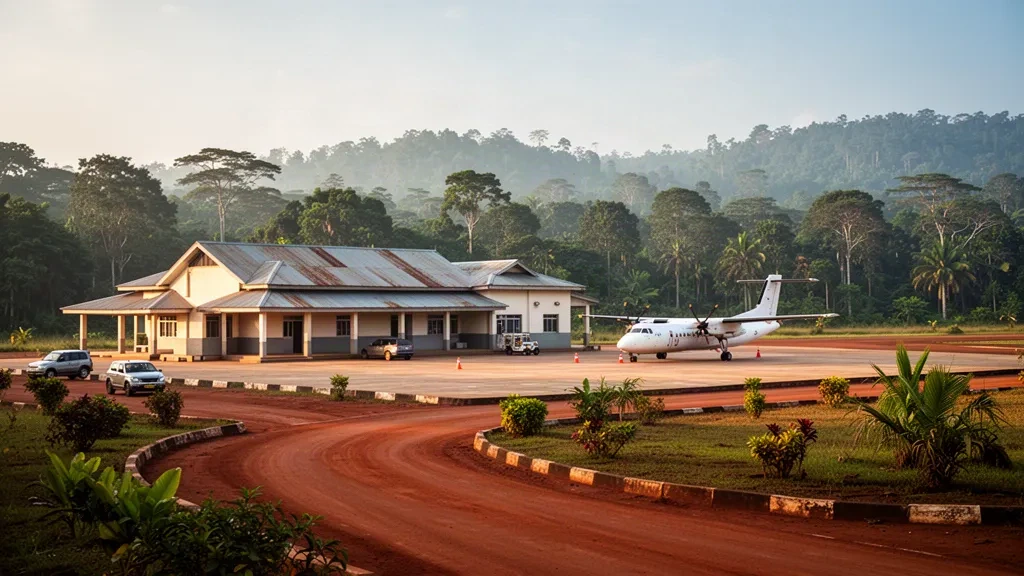Pequeña terminal aeroportuaria tropical y plataforma en el Aeropuerto de Macenta en Guinea, rodeada de colinas boscosas durante la hora dorada.
