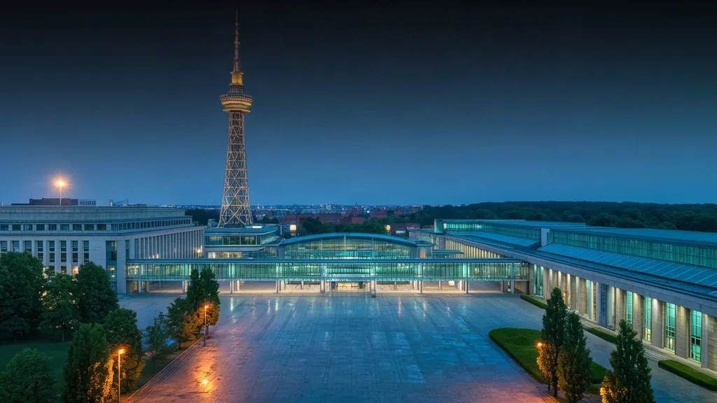 ITB Berlin 2027 seyahat ticareti fuarına ev sahipliği yapan Almanya'daki Messe Berlin fuar alanının alacakaranlıkta Funkturm radyo kulesiyle görünümü.