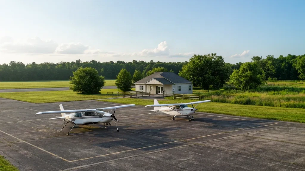 Leichtes einmotoriges Flugzeug auf dem Vorfeld neben dem kleinen Saisonterminal des Mackinac Island Airport im Sommer