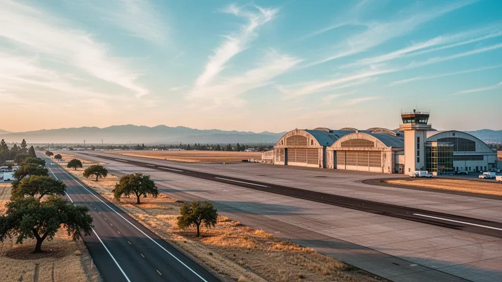 Amplia vista al atardecer del aeródromo McClellan en Sacramento con una pista abierta, hangares históricos y una torre de control bajo el cielo de California