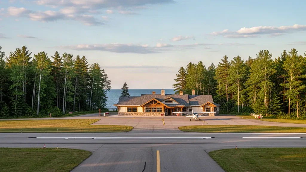 Piccolo terminal di aviazione generale e pista dell'Aeroporto di Mackinac Island circondati dagli alberi in una giornata di sole.