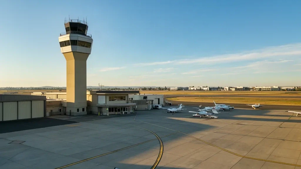 Veduta esterna dell'aeroporto McClellan Airfield MCC a Sacramento, California, con torre di controllo, hangar, piazzale e aeromobili parcheggiati sotto un cielo sereno.
