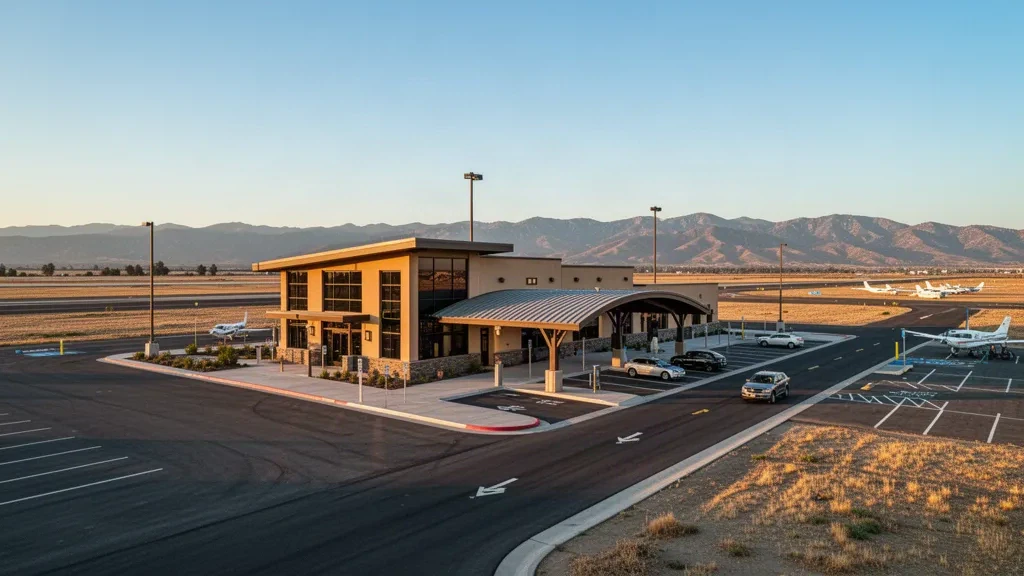 California'daki Merced Regional Macready Field havalimanının altın saatlerde pist ve uzaktaki tepelerle birlikte modern terminal dış görünümü.