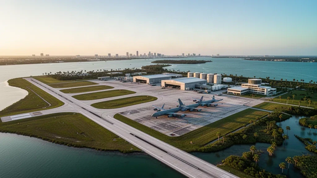 Vista aerea dell'aerodromo della MacDill Air Force Base a Tampa durante l'ora d'oro, con una lunga pista, aerei cisterna parcheggiati e le acque della Tampa Bay