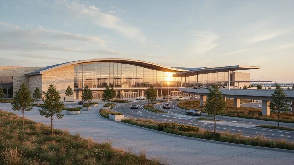 Kansas City Uluslararası Havalimanı'nda altın saatlerde cam duvarlar, yolcu indirme şeritleri ve sıcak gün batımı ışığıyla modern kavisli terminal dış cephesi