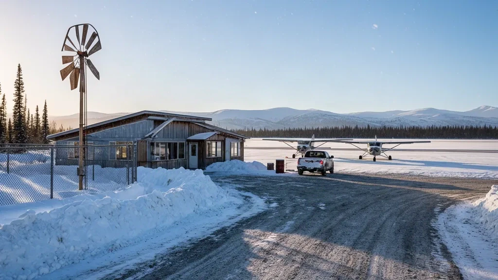 Single-storey McGrath Airport terminal building in Alaska beside a snow-covered gravel apron with small bush planes parked on a clear winter day