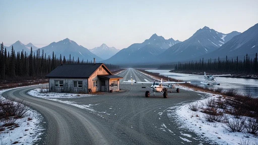 Aeródromo remoto de Alaska cerca de McGrath con una pequeña terminal, avionetas y una pista cubierta de nieve al amanecer