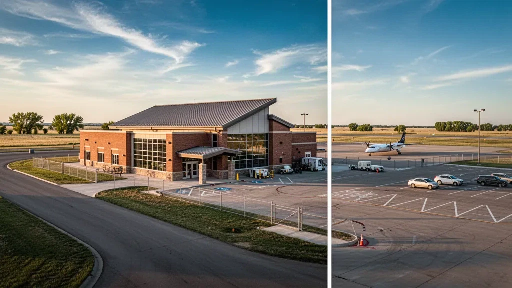 Modern brick and glass terminal building at McCook Ben Nelson Regional Airport in Nebraska, with apron, aircraft and prairie horizon at golden hour