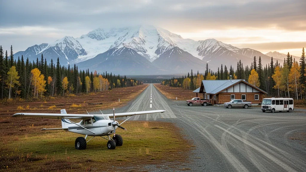 Avioneta monomotor estacionada en la pista de grava del aeropuerto McKinley National Park cerca de Denali, Alaska, con bosque y la cordillera de Alaska al fondo