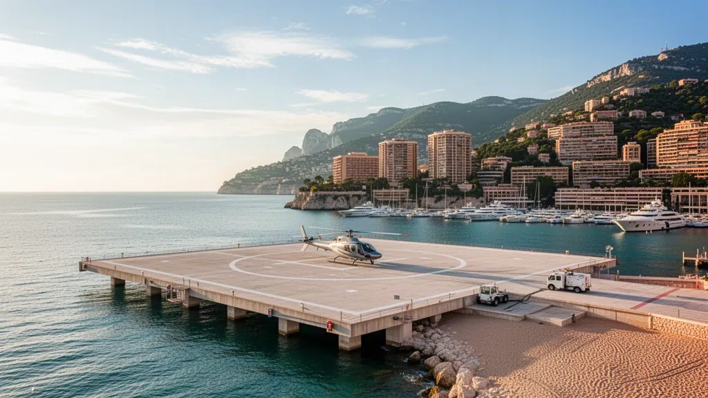 Elicottero moderno sulla piattaforma in cemento dell'eliporto di Fontvieille, Monaco, con il Mar Mediterraneo e la costa della Riviera all'ora d'oro