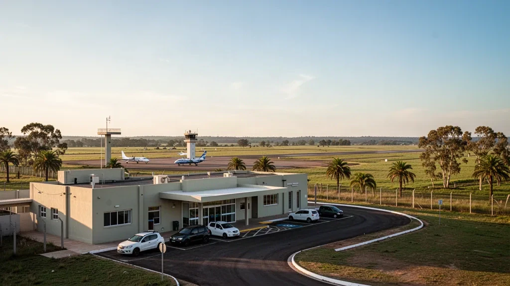 Low-rise terminal and drop-off lane at a small regional airport near Monte Caseros, Corrientes, in warm late afternoon light