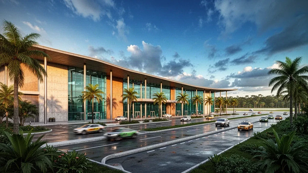 Modern glass airport terminal exterior in Macapá, Amapá, with palm trees, drop-off lanes and golden equatorial light at dusk