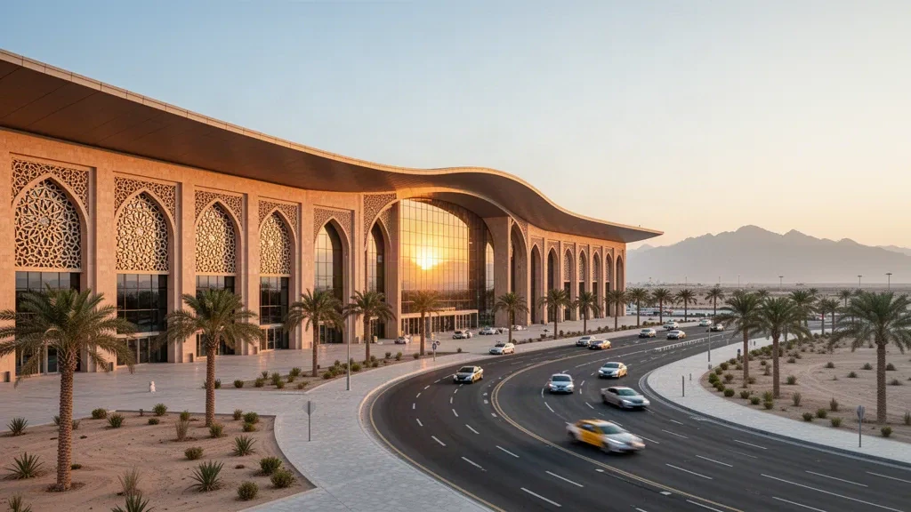 Modern stone and glass terminal exterior at Muscat International Airport at golden hour, with curved access roads and palm trees