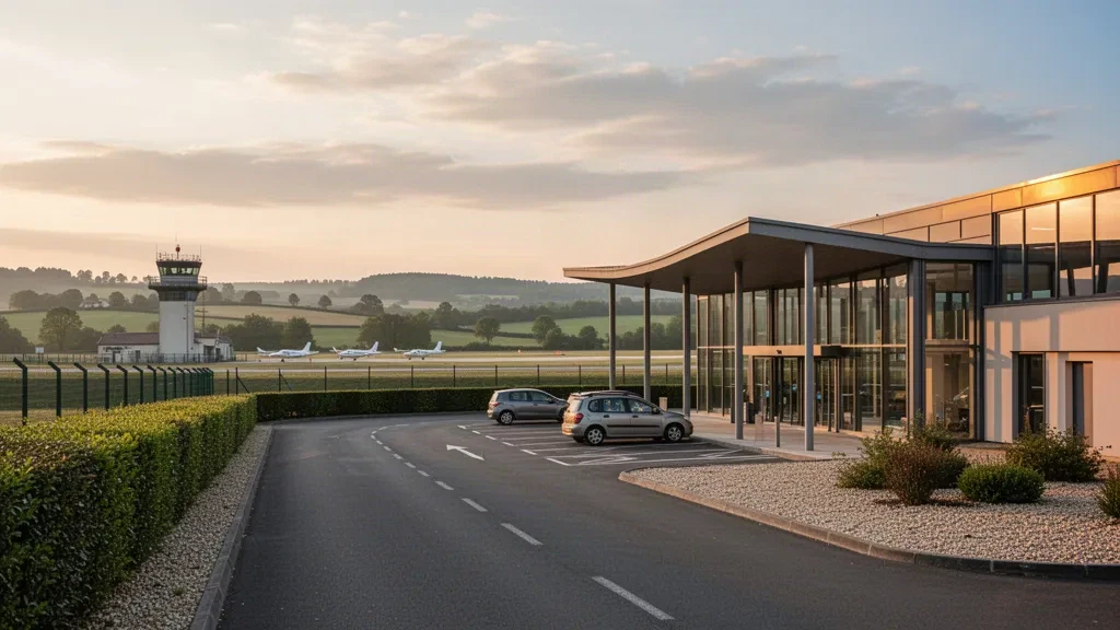 Esterno moderno del terminal in vetro dell'Aeroporto di Montluçon-Guéret nella campagna francese, con una corsia di sosta vuota e auto parcheggiate durante l'ora d'oro