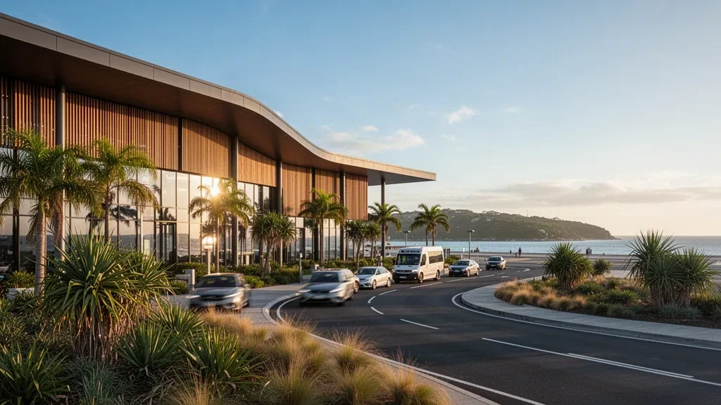 Moderner Terminal mit Glas- und Holzfassade am Sunshine Coast Airport mit Küstenbegrünung und Vorfahrtsbereichen am Straßenrand im goldenen Licht