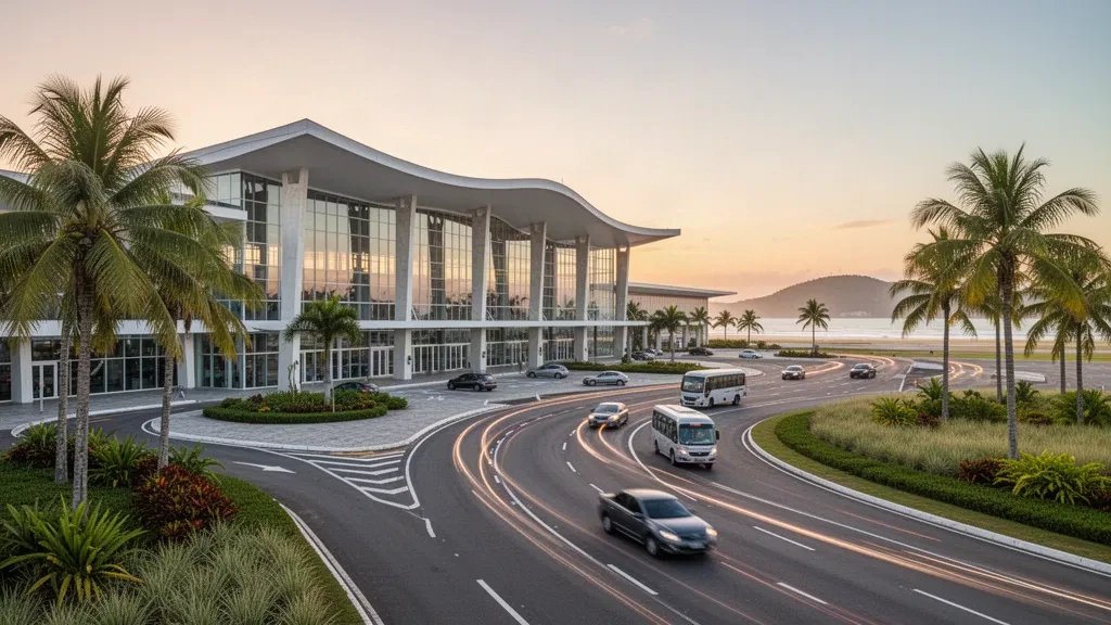 Modern glass terminal exterior and palm-lined drop-off road at Zumbi dos Palmares International Airport in Maceió at golden hour