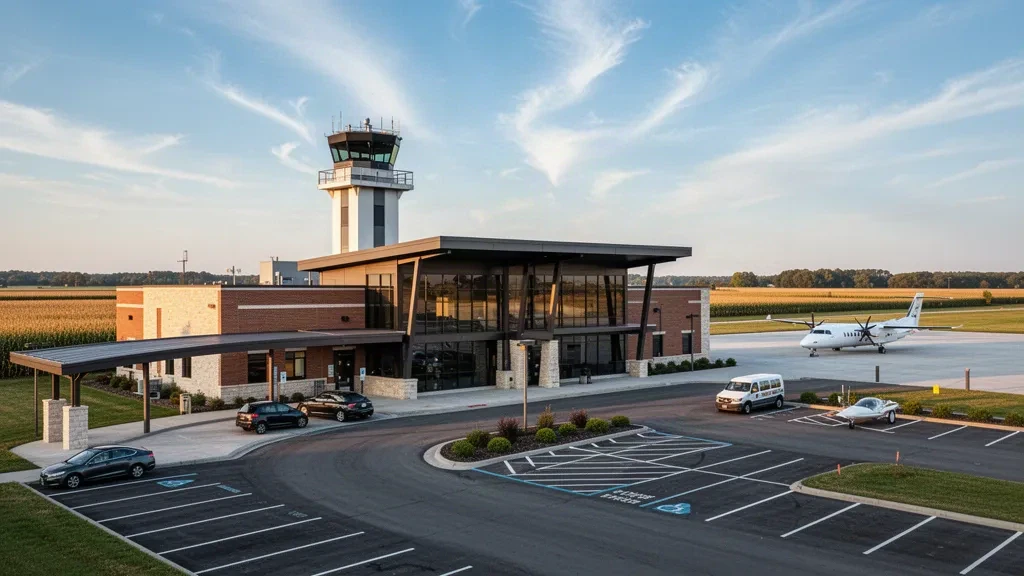 Edificio terminal e torre di controllo dell'Aeroporto Mason City Municipal in Iowa con una strada di accesso e un piazzale aeromobili nella luce dorata del tramonto