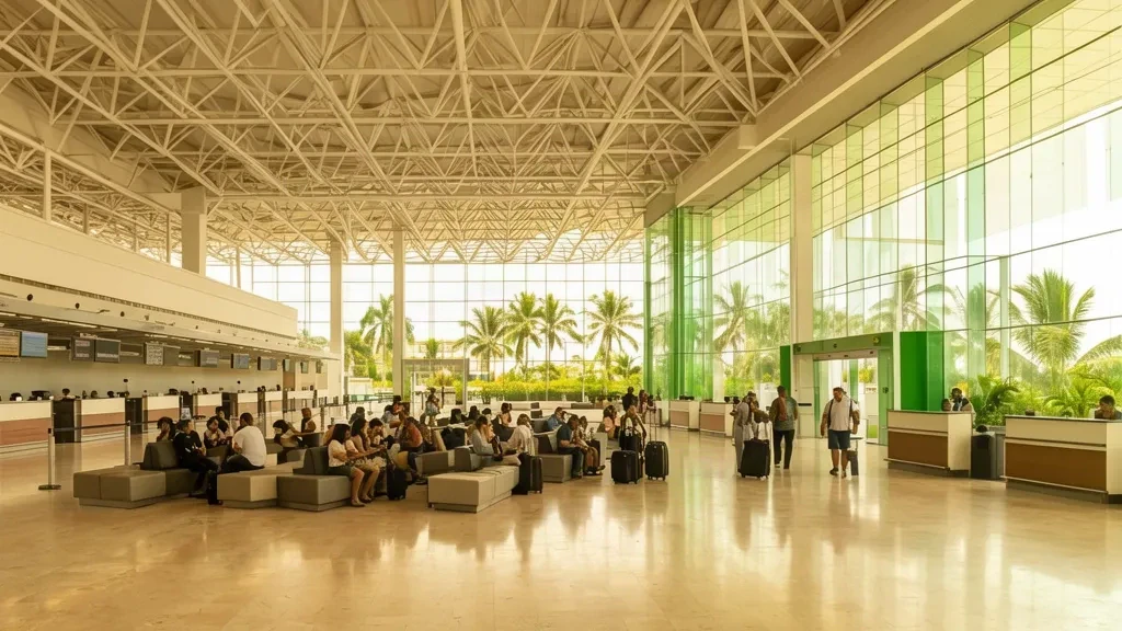 Travellers with luggage walking through the bright departure hall of Zumbi dos Palmares International Airport in Maceió, Brazil
