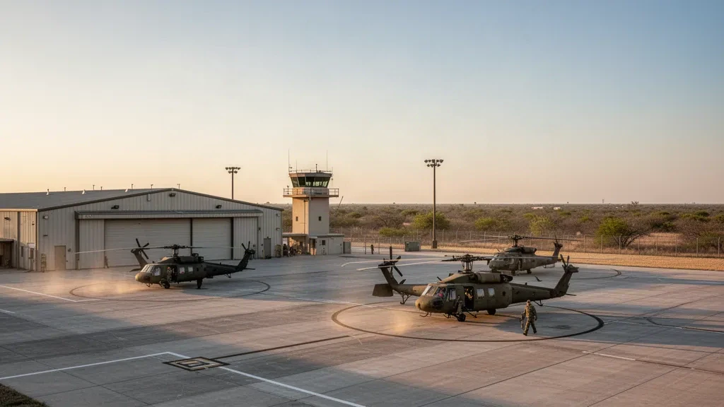 Militärhubschrauber auf dem Vorfeld des Martindale Army Heliport nahe San Antonio, Texas, umrahmt von Hangars im warmen Licht der goldenen Stunde