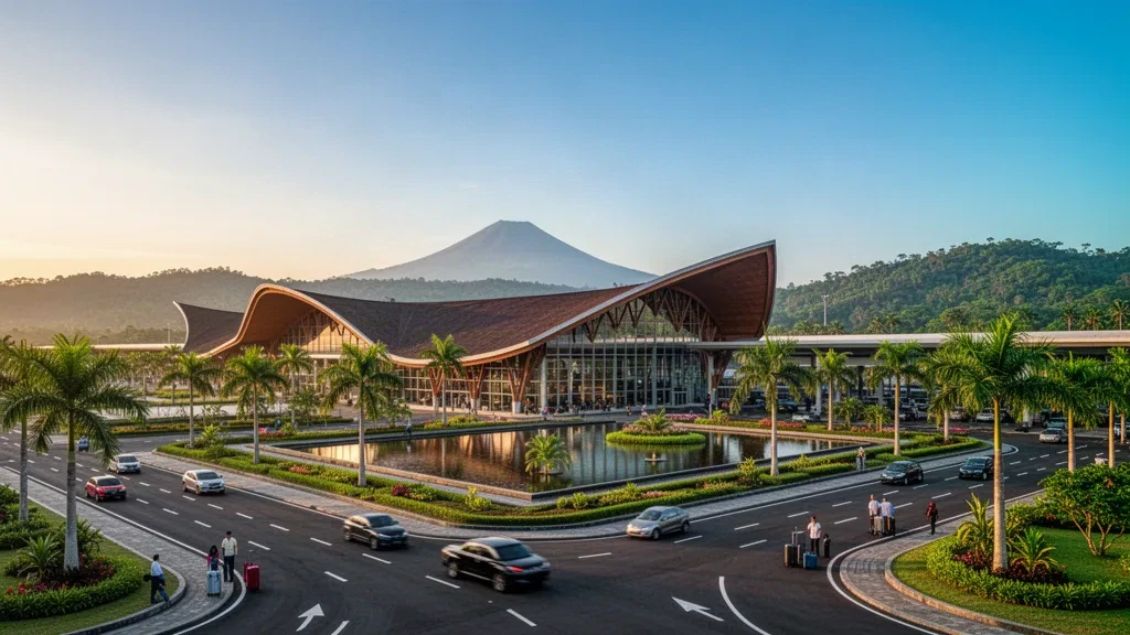 Extérieur moderne d'un terminal tropical à l'aéroport international Sam Ratulangi à Manado, dans le nord de Sulawesi, avec des palmiers et un arrière-plan volcanique.