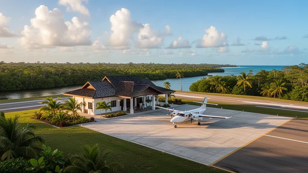 Kleine tropische Landebahn und niedriges Terminalgebäude am Flughafen Melinda in Belize, mit Palmen, einem Leichtflugzeug und warmem karibischem Küstenlicht