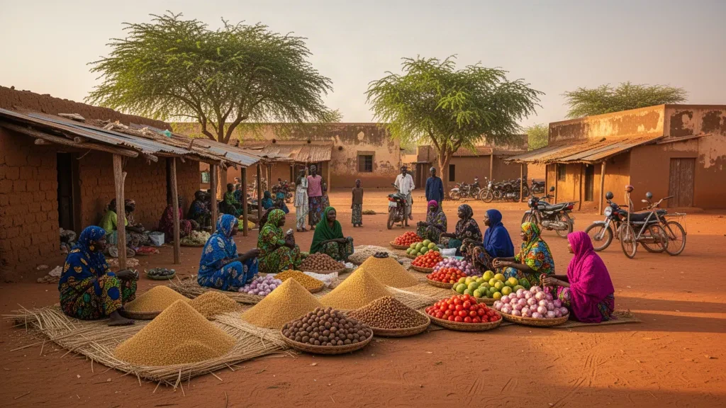 Marché en plein air à Fada N'Gourma, dans l'est du Burkina Faso, avec des étals de produits, des vendeurs en textiles colorés et une chaude lumière poussiéreuse d'après-midi.