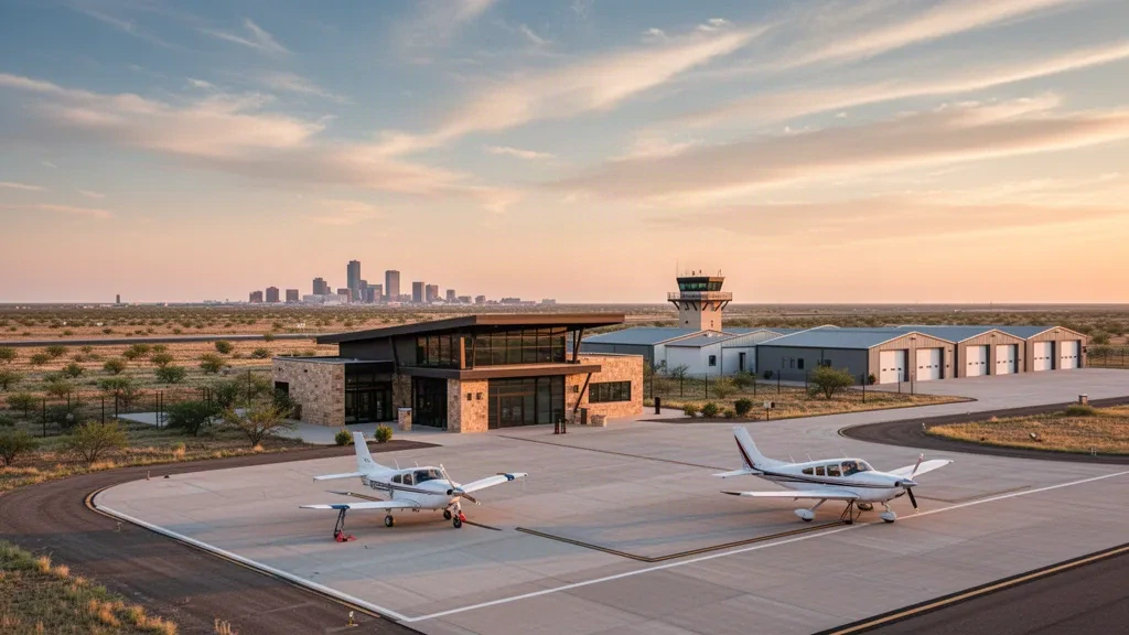 Veduta all'ora d'oro del terminal per l'aviazione generale di Midland Airpark, degli hangar e del piazzale sulle pianure del West Texas